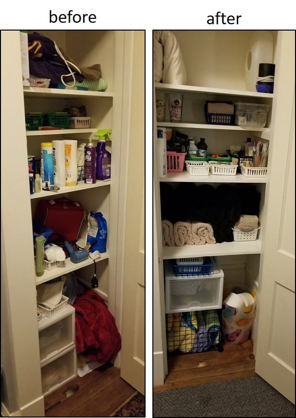 konmari before and after view of linen closet