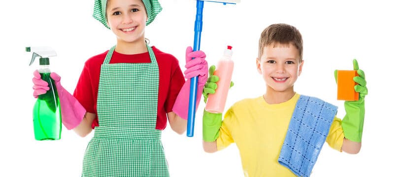 happy kids with cleaning equipment