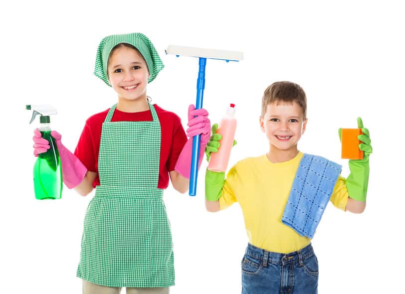 happy kids with cleaning equipment