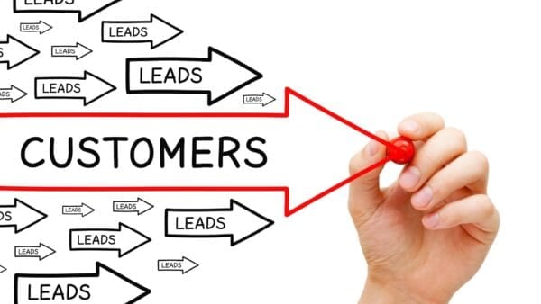 leads in arrows pointing to becoming customers